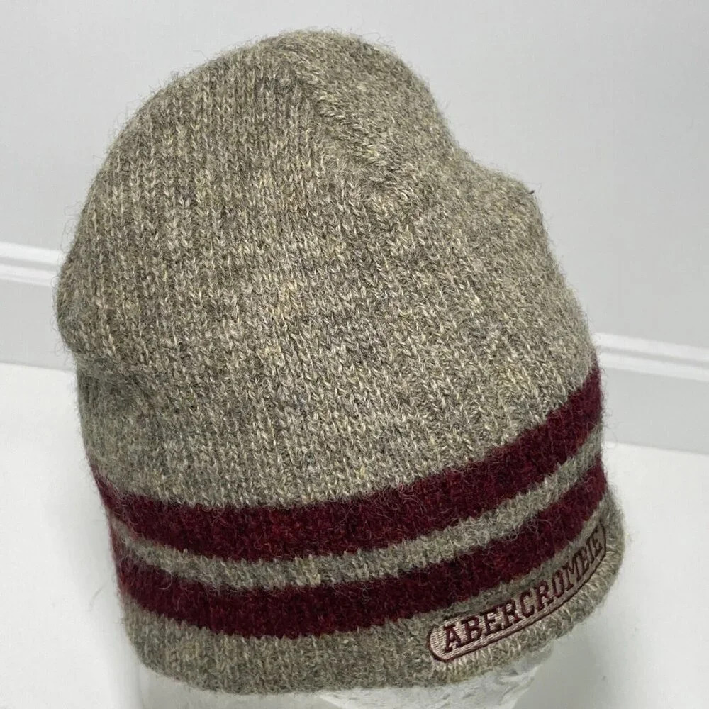 Abercrombie & Fitch Wool Beanie Burgundy Striped Cap Hat Winter Y2K 90s OS - Picture 8 of 8